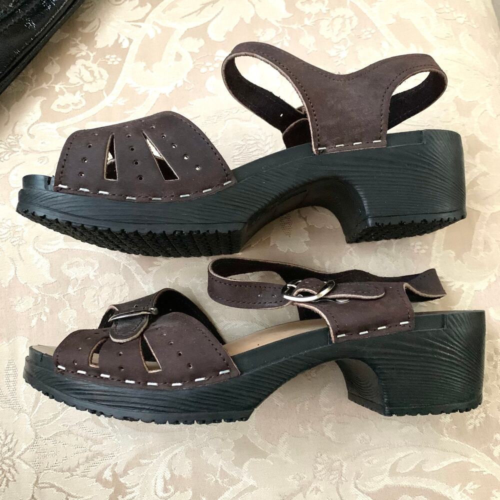 NEW VERKA Swedish Buckle Cutout Detail Leather Low Heel Clogs in Brown